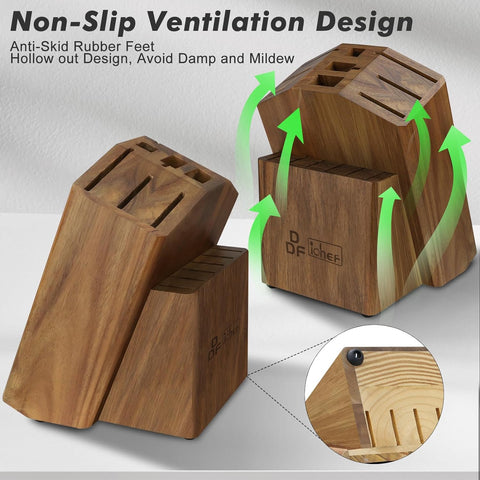 Image of Universal Knife Block 15 Slots, Acacia Wood Knife Block without Knives, Knife Storage Block, Countertop Block Knife Holder and Organizer for Easy Kitchen Knife Storage