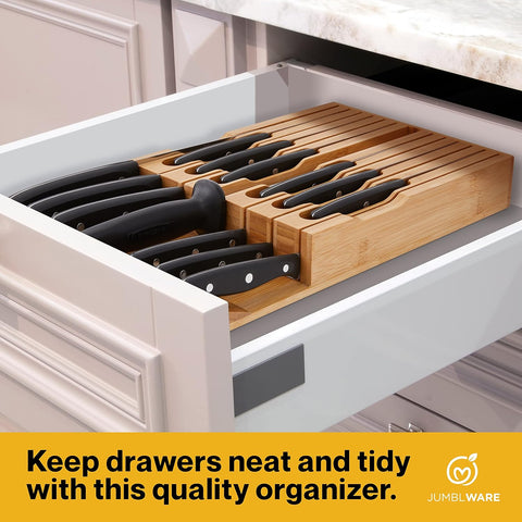 Image of Bamboo In-Drawer Knife Block Wooden Organizer & Cutlery Holder Insert for inside Drawer, Cabinet or Counter Universal Dock Fits 16 Steak Knives & Sharpener Great Kitchen Gadget Gift