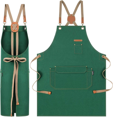 Image of Chef Apron with Cross Back Straps for Men Women, Cotton Canvas Apron for Artists Painting, Kitchen Cooking