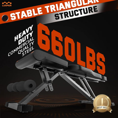 Image of Adjustable Weight Bench Foldable - 660 Lb Stable Workout Bench, 36 in Extended Head and Neck Protection Design, 3 Sec Fast Folding Multi-Purpose for Full Body Workout