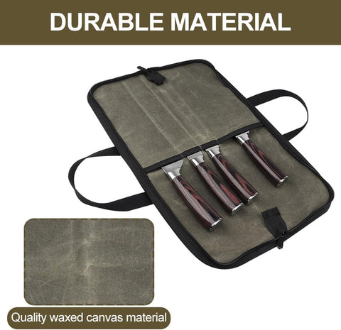 Image of Knife Bag, Chefs Knife Roll Bag, Durable Waxed Canvas Knife Bag with Zipper Pocket, Portable Chefs Knife Cases Cutlery Knives Holders Protectors, Knife Roll for Knives & Kitchen Tools(Green)