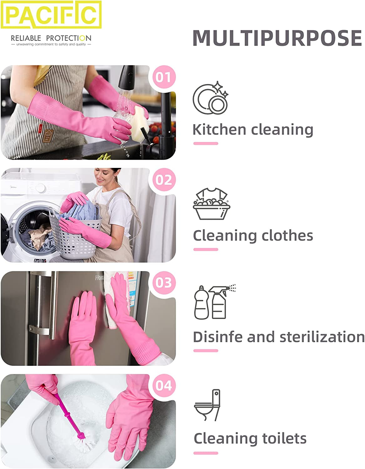 PACIFIC 2 Pairs Dishwashing Cleaning Rubber Gloves, Reusable Waterproof Kitchen Gloves, Non-Slip, Small