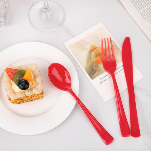 Image of 160 Piece Red Plastic Silverware - Heavy Duty Red Silverware Includes 80 Red Forks, 40 Red Spoons, 40 Red Knives, Red Plastic Utensils Perfect for Christmas Party or Daily Using