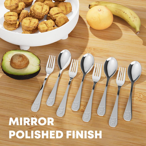 Image of 8 Pieces Stainless Steel Kids Silverware Set, Child and Toddler Safe Flatware - 4Pcs Forks and 4Pcs Spoon, Cute Flatware Sets for Self Feeding Safe, Dishwasher Safe