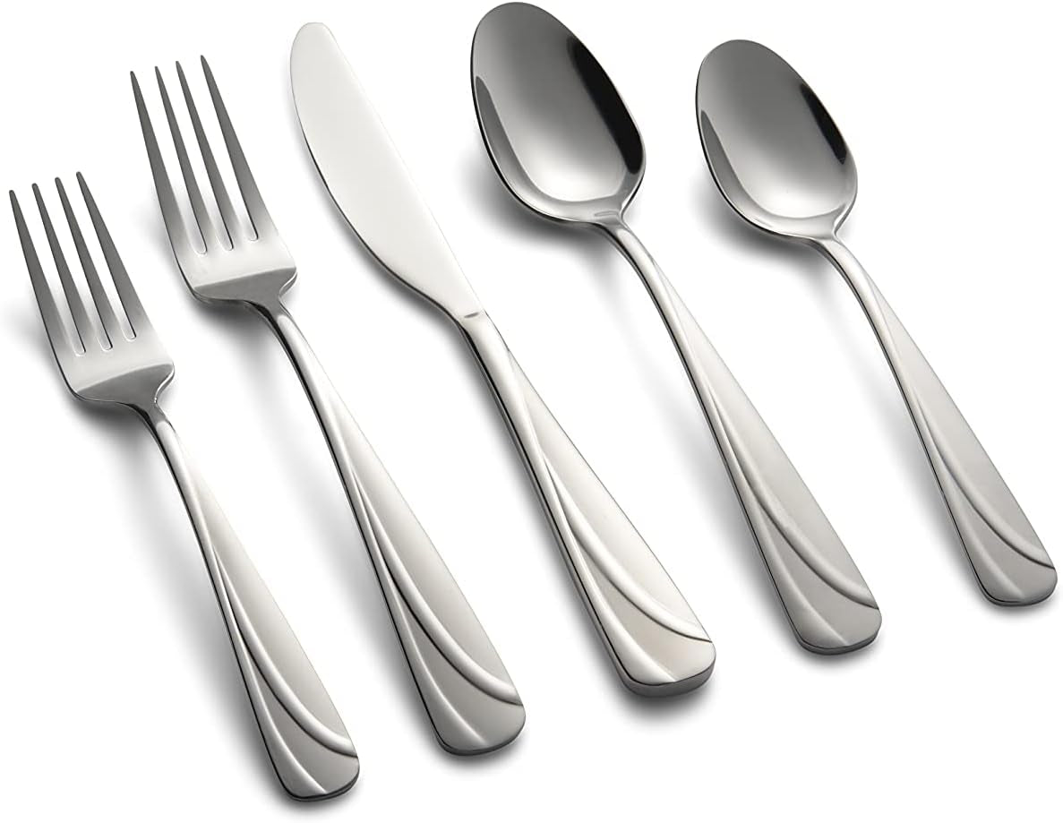 Deco Circles Sand 20 Piece Flatware Set, Service for 4, Silver
