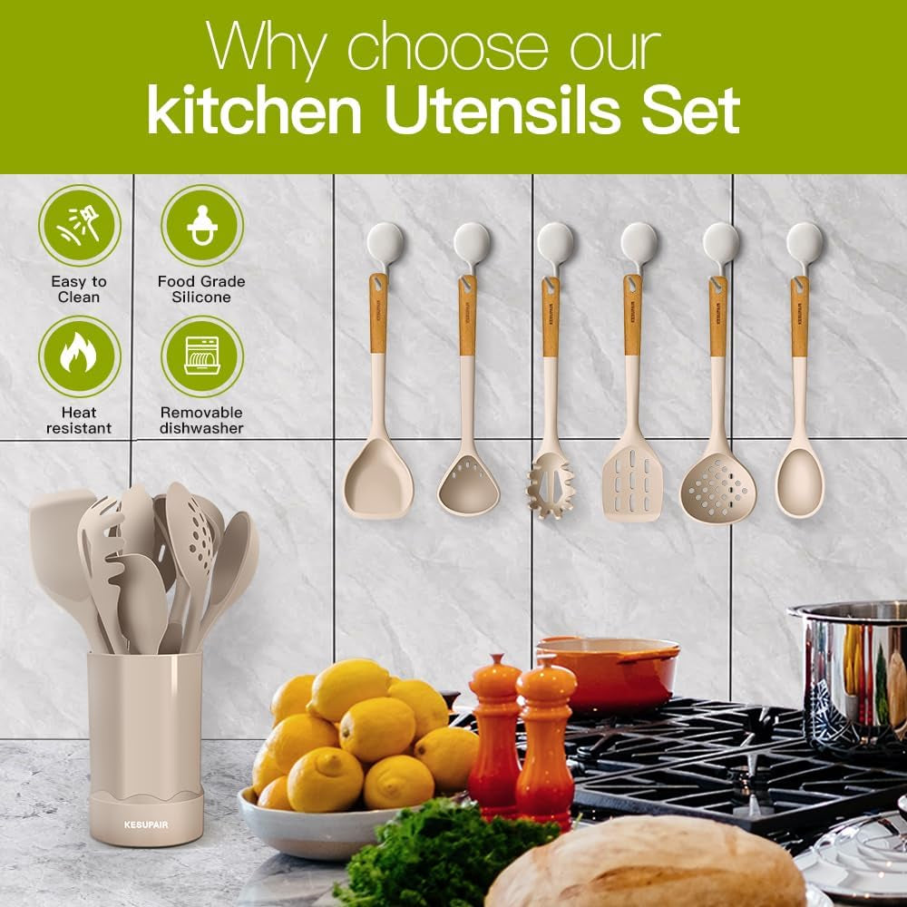 Silicone Kitchen Utensils Set - Heat Resistant Silicone Cooking Utensils for Cooking Wooden Handles, Spatula Set, Kitchen Utensil Tools and Gadgets Sets for Non-Stick Cookware (Khaki)