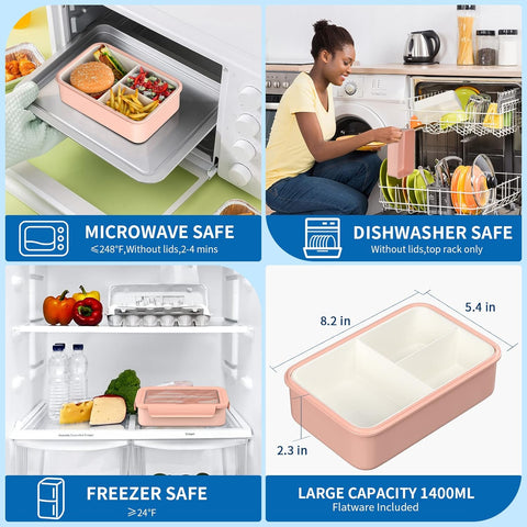 Image of Bento Lunch Box for Kids, 1400 ML Bento Box Adult Lunch Box for Men Women with Cutlery & Salad Dressing Container to Go, Leak-Proof Meal Prep Container for Work School Travel, No BPA, Microwave Safe