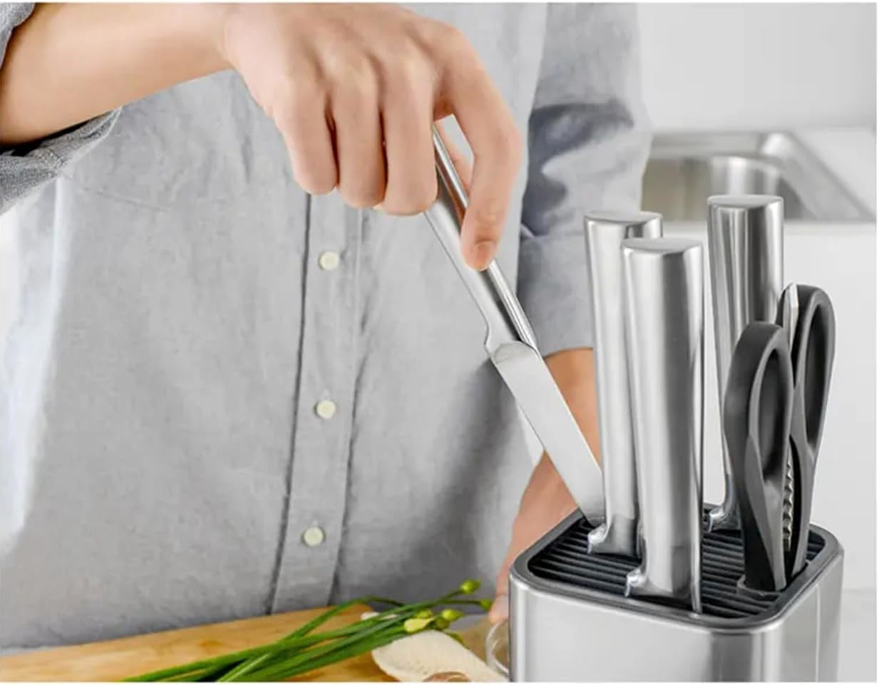 Universal Knife Block Holder, Stainless Steel Organizer with Scissor Slots, Space-Saving Countertop Storage Stand for Any Knife up to 8.10 Inches, (Knives Not in Included) (Silver)