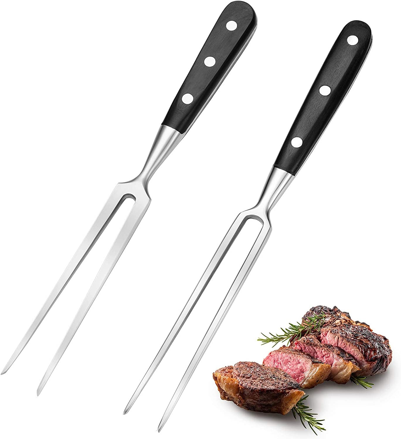 2 Pieces Carving Forks 12 Inch Stainless Steel Meat Fork Barbecue Fork Steak Fork for Kitchen Roast Grilling (Round Handle, Square Handle)