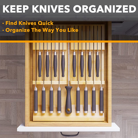 Image of Bamboo Knife Drawer Organizer Insert, Kitchen Steak Knives Holder Organizers Block for Drawer Storage Organization (16 Knife Slots and 1 Sharpener Slot)