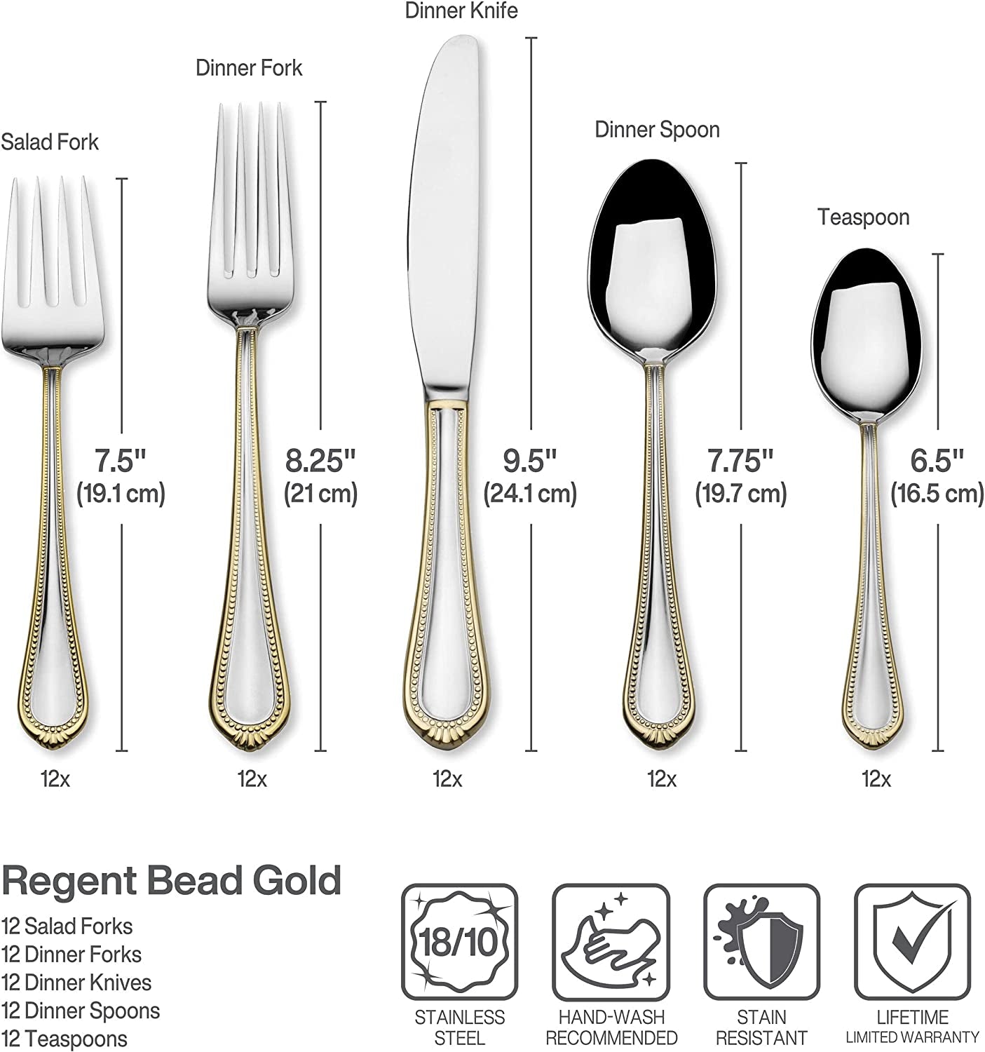 Regent Bead Gold 65-Piece Stainless Steel Flatware Set, Service for 12