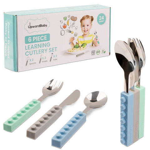 Image of Upward Baby Kids Utensils Set - Lego Interlocking 6 Piece Sensory Spoons and Forks for Self-Feeding - Toddler Silverware - Fun Stainless Steel Utensils for Toddlers - 12 Months Old + Baby Led Weaning