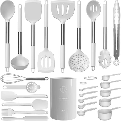 Image of Large Silicone Cooking Utensils Set - Heat Resistant Kitchen Utensils Sets,Spatula,Spoon,Turner Tongs,Brush,Whisk,Stainless Steel Silicone Cooking Utensil for Nonstick Cookware,Dishwasher Safe (White)