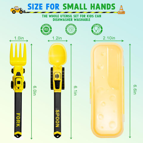 Image of Construction Toddler Utensils - Reusable Plastic Toddler Fork and Spoon & Storage Case - Suitable for Kids Utensils - Dishwasher Safe - Portable Utensils Set for 1 2 3 4 5 Year Old Toddlers