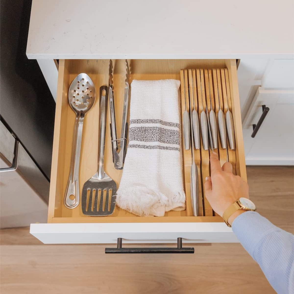 Bamboo Kitchen Knife Block Holder Organizer - Holds 5 Long + 6 Short Knives (Not Included), Fits Most Knife Sizes, Rubber Feet, Sustainable Bamboo, In-Drawer Design