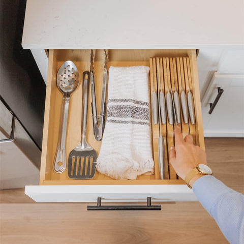Image of Bamboo Kitchen Knife Block Holder Organizer - Holds 5 Long + 6 Short Knives (Not Included), Fits Most Knife Sizes, Rubber Feet, Sustainable Bamboo, In-Drawer Design