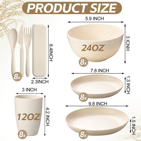 Image of 56 Pcs Wheat Straw Dinnerware Sets for 8 Reusable Plates and Bowls Set, Plastic Children Cups, Forks, Knives and Spoon Dishwasher Microwave Safe for Kitchen Camping Party Picnic Outdoor (Beige)
