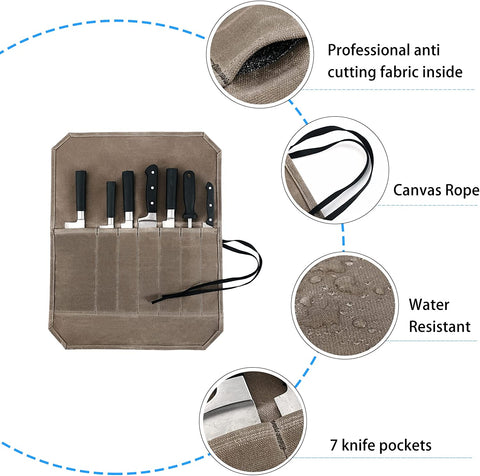 Image of Knife Roll, Chef’S Knife Roll Case, Waxed Canvas Cutlery Knives Holders Protectors, Home Kitchen Cooking Tools and Utensils Wrap Bag Wallet , Multi-Purpose Brush Roll Bag, Travel Tool Roll Pouch