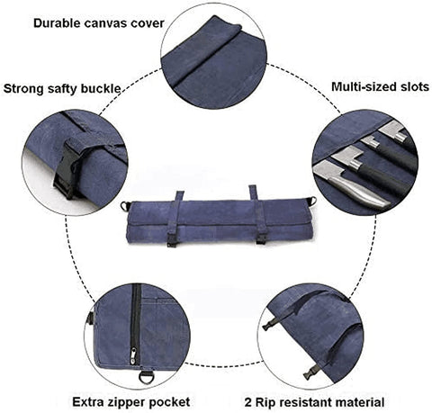 Image of Chef’S Knife Roll Bag, Waxed Canvas Knife Cultery Carrier, Portable Chef Knife Cases, Knife Pouch Holders with 10 Slots plus 1 Zipper Pockets Can Hold Home Kitchen Knife Tools up to 18.8”
