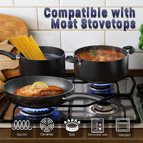 Image of Basics Pots and Pans Cooking, 15-Piece Nonstick Cookware Set, Black