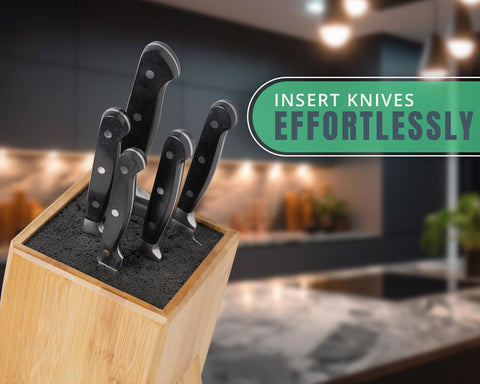 Image of XL Large Universal Knife Block without Knives - Bamboo Countertop Knife Holder W/Removable Bristles - Convenient & Versatile for Any Knife Size