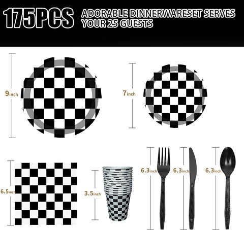 Image of 175 PCS Checkered Flag Party Supplies Disposable Dinnerware -Car Paper Plates Napkins Cups, Black Plastic Forks Knives Spoons for Girls Boys Birthday Baby Shower Decorations,25 Guests