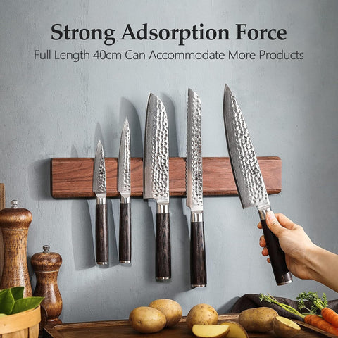 Image of Walnut Wood Knife Magnetic Strips 16 Inch, Double Row round Magnets Magnetic Knife Holder for Wall -Magnetic Knife Bar- Works with Kinds of Kitchen Tools -Space Saver Knife Rack