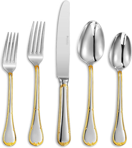 Image of Elizabeth 20-Piece 18/10 Stainless Steel Flatware Set, Service for 4, Fine Silverware Set (Gold Accent), Dishwasher Safe, Mirror Polished