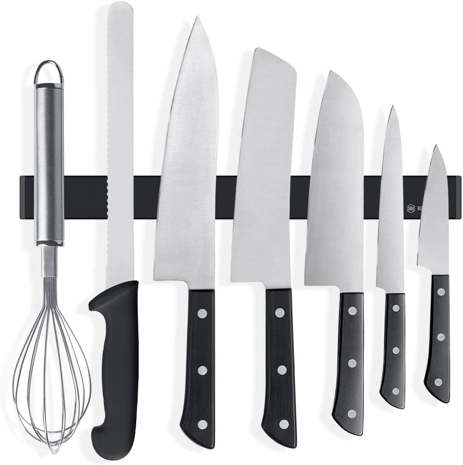 12 Inch Knife Magnetic Strip No Drilling, Kitchen Knife Magnetic Holder for Wall, Kitchen Accessories Organizer Bar or Used in Organizing Tools (Stainless Steel-12 Inch, Black)