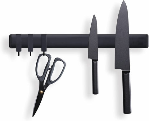 Image of Stainless Steel Magnetic Knife Strip for Wall,16 Inch Magnetic Knife Holder with 3 Hooks,Adhesive Magnetic Knife Bar Rack,No Drilling,Black