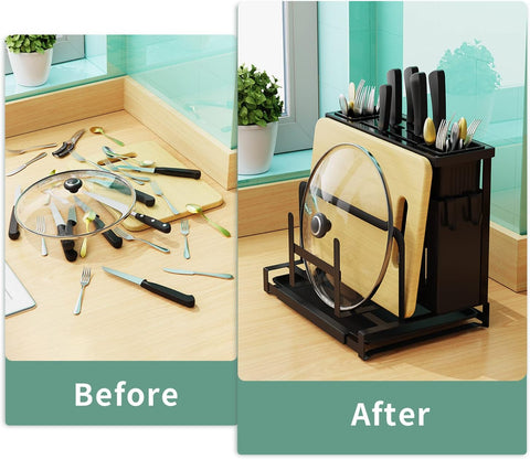 Image of Kitchen Knife Holder, Multifunctional Wall-Mounted Utensil Rack, Knife Holder for Kitchen Counter, Storage Lids, Cutting Board Organizer, Black (Knife Holder-Black)