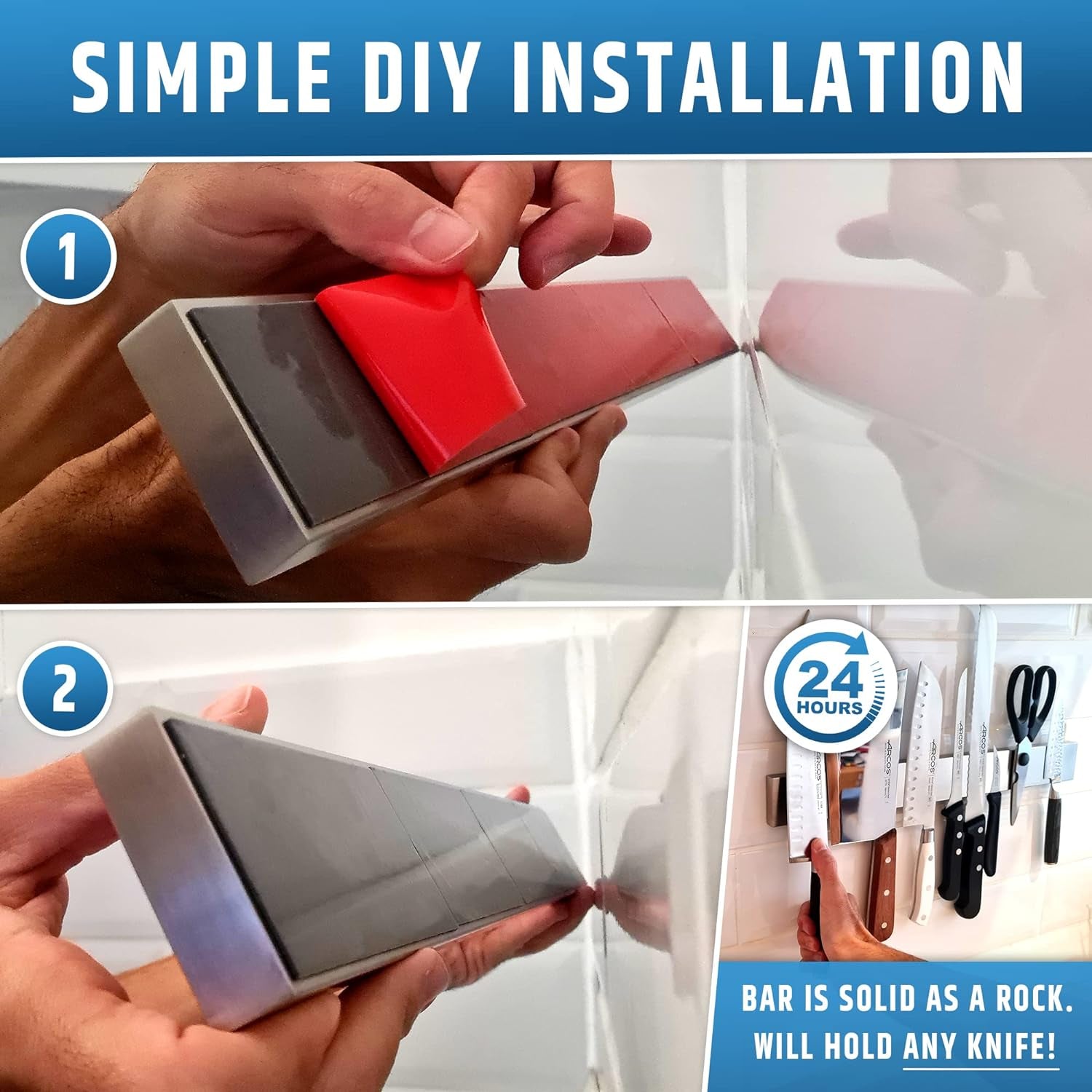Strong Adhesive (No Drill) Magnetic Knife Holder for Wall - Professional 17 Inch Knife Strip - No Screws Needed - Adhesive Backing - Stainless Steel Knife Bar (Upgraded Version β Will Not Fall)