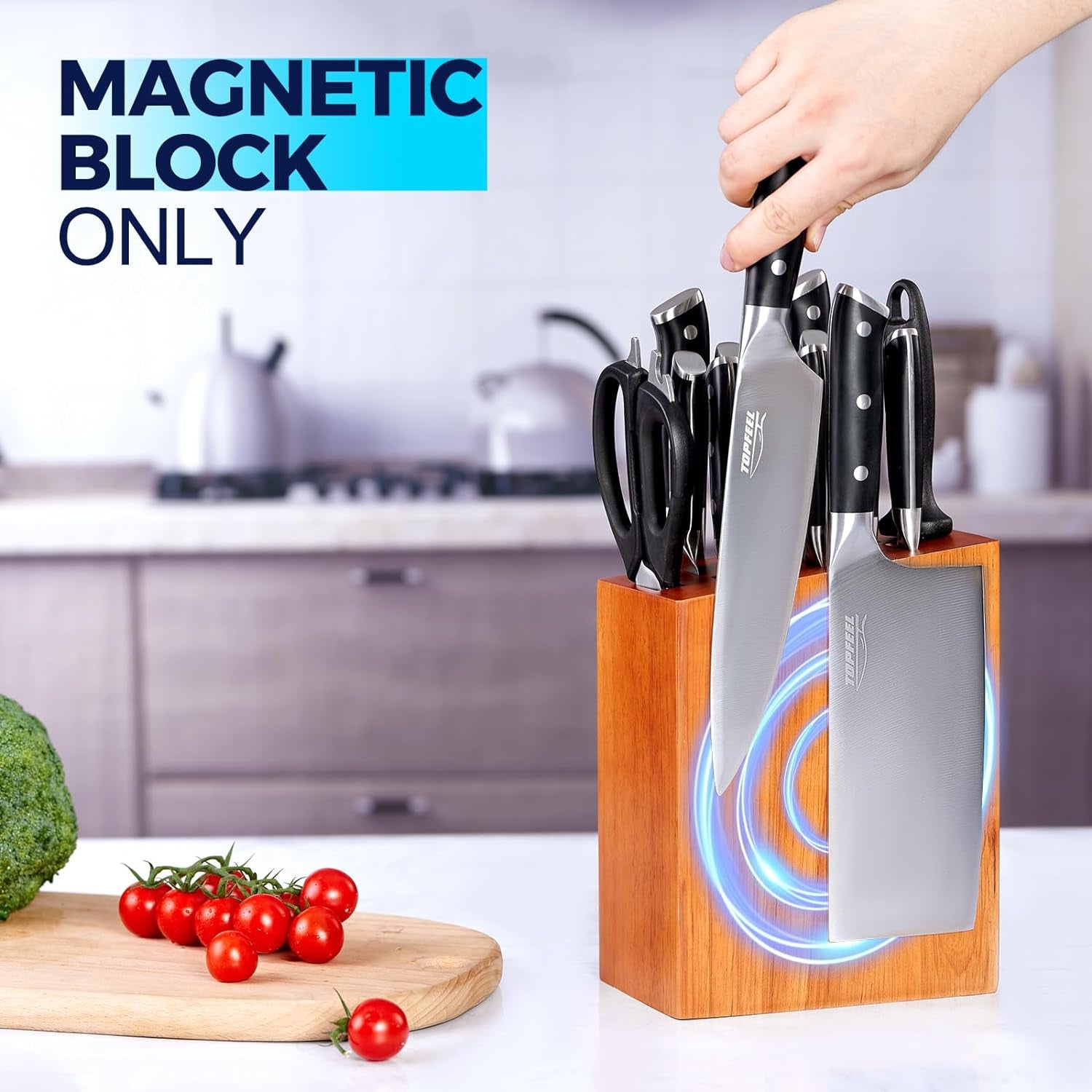 Magnetic Knife Block Holds up to 16 Knives(Not Included), Space Saver Countertop Magnetic Knife Block Holder, Double Sided Magnets Oak Wood Knife Storage