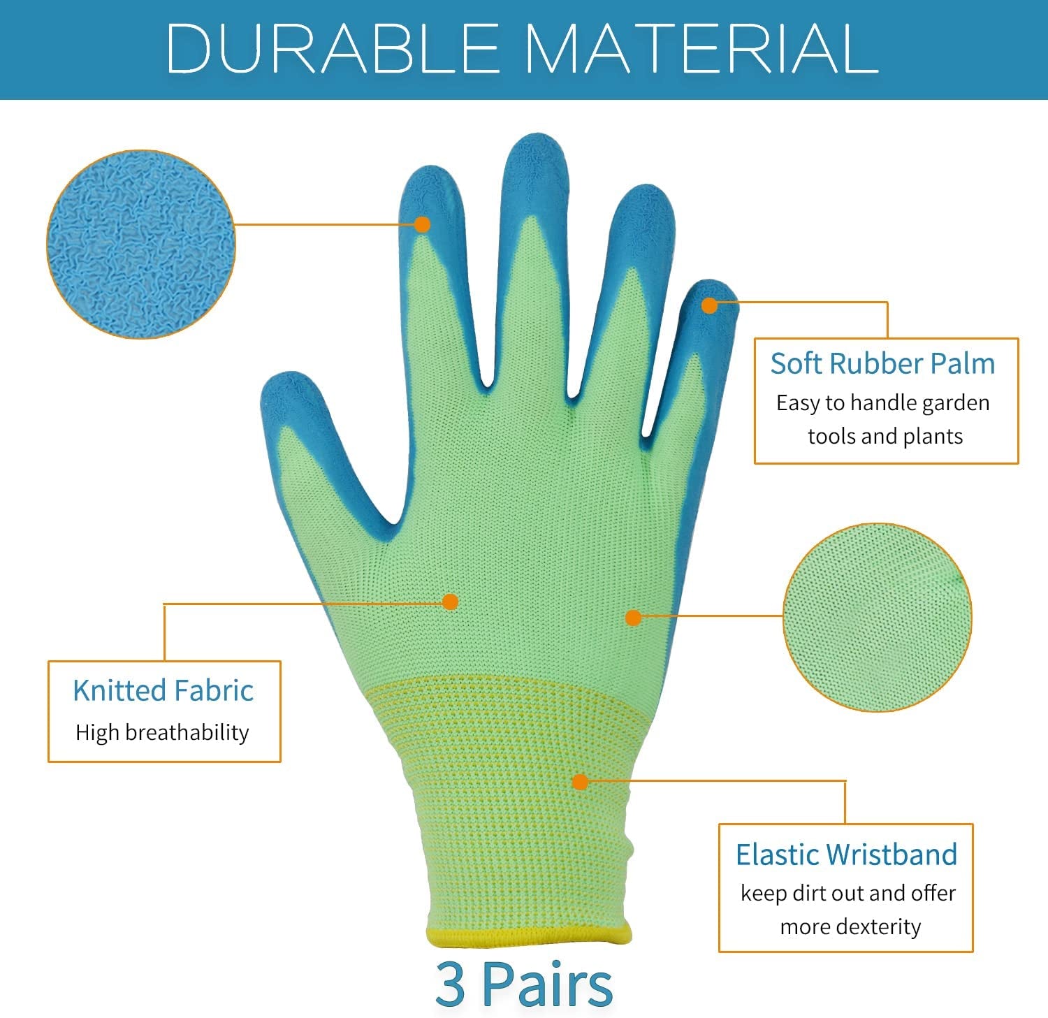 Kids Gardening Gloves, 3 Pairs Non-Slip Garden Gloves for Kids, 5 Sizes for Toddlers, Preschooler, Schoolchild, Preteen, Childrens Rubber Coated Yard Work Gloves (Size 6 (Age 11-13 Year Old))