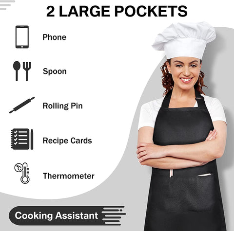 Image of 24 Pack Adjustable Bib Apron with 2 Pockets Cooking Kitchen Aprons Black Chef Apron Water Oil Stain Resistant BBQ Work Apron for Women Men Drawing Crafting Outdoors Smock