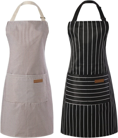 Image of 2 Pieces Kitchen Cooking Aprons, Cotton Polyester Blend Adjustable Bib Aprons with 2 Pockets for Women Men Chef Chef (Black/Brown Stripes, 2)