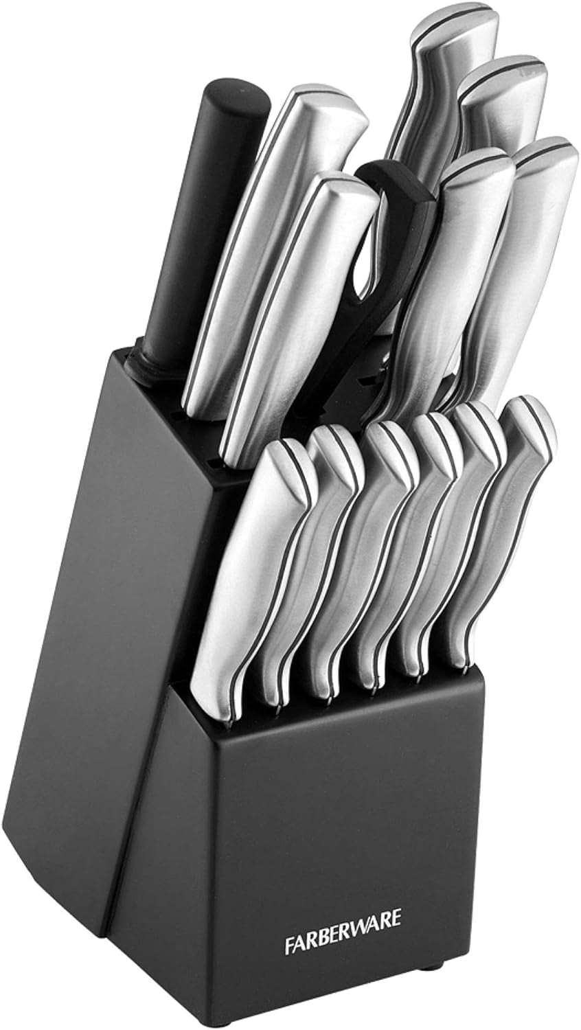 Stamped 15-Piece High-Carbon Stainless Steel Knife Block Set, Steak Knives & 3-Piece Bamboo Cutting Board, Set of 3 Assorted Sizes, Brown