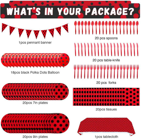 Image of 149Pcs Ladybug Decorations Party Supplies - Ladybug Party Tableware Plates Napkins Knives Forks Spoons, Banner, Red Black Dots Balloons, Tablecloth for Girls Boys Kids Birthday Decorations Serves 20