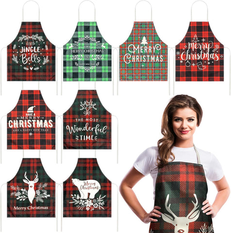 Image of 8 Pcs Christmas Buffalo Plaid Aprons Waterproof Holiday Kitchen Aprons Xmas Adjustable Baking Cooking Aprons Merry Christmas Aprons for Women Men Adults Chef Housewife