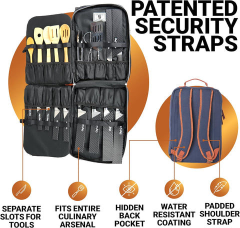 Image of Chef Knife Bag Retro Backpack | 20+ Slots for Knives and Chef Tools | Knife Carrying Case W/Back Pocket for Tablet | Sturdy Knife Bags for Chefs & Culinary Work | Premium Canvas