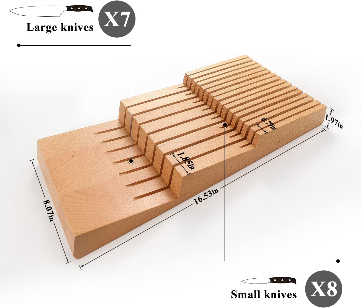 In-Drawer Beechwood Knife Block Kitchen Knife Holder for Drawer Knife Drawer Organizer Insert - Fit for 15Pcs Knives