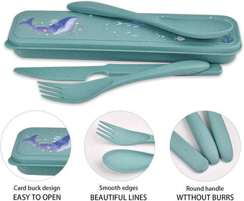 Image of Reusable Utensil Set with Case, 2 Sets Travel Cutlery Set, Wheat Straw Fork Knife Spoon Set, Portable Utensils Set for Camping Picnic Party Work Lunch (Sea Island Cartoon Pattern Design) (Style 2)