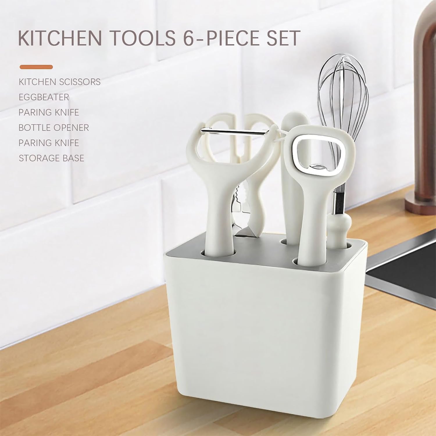 6-Pieces Kitchen Pre-Cooking Tool Set Including Storage Case, Scissors, Bottle Opener, Fruit Peeler, Fuit Knife, Ballon Whisk, Space Saving Kitchen Gadget Set with Holder, Housewarming Gift
