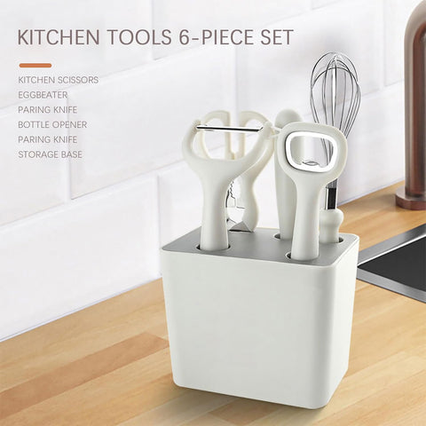 Image of 6-Pieces Kitchen Pre-Cooking Tool Set Including Storage Case, Scissors, Bottle Opener, Fruit Peeler, Fuit Knife, Ballon Whisk, Space Saving Kitchen Gadget Set with Holder, Housewarming Gift