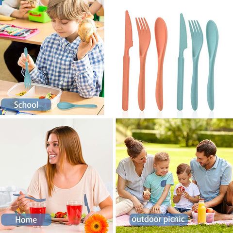 Image of Reusable Utensil Set with Case, 2 Sets Travel Cutlery Set, Wheat Straw Fork Knife Spoon Set, Portable Utensils Set for Camping Picnic Party Work Lunch (Sea Island Cartoon Pattern Design) (Style 2)