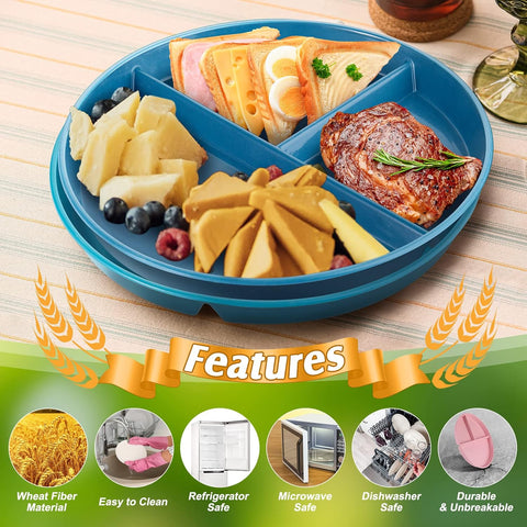 Image of 8 Set Unbreakable Wheat Straw Divided Dinner Plates 9 Inch Wheat Plastic Gridded Dinner Plates with Spoon Knife Fork Microwave Dishwasher Safe Wheat Straw Dinnerware Set for Kids Picnic Kitchen
