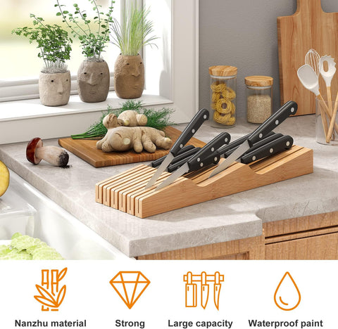 Image of In-Drawer Knife Block Organizer - Bamboo Wood Drawer Knife Organizer-Protecting Knife Organizer Block Holds up to 11 Knives(Not Included)