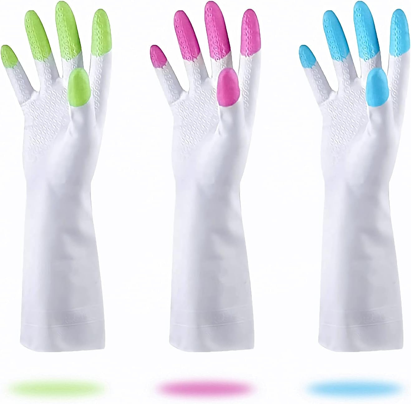 Reusable Dishwashing Cleaning Gloves with Latex Free, Synthetic Rubber Gloves,,Kitchen Gloves 3 Pairs,Green+Blue+Pink