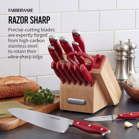 Image of Professional 15-Piece Forged Triple Riveted Knife Block Set with Built-In Edgekeeper Knife Sharpener, High-Carbon Stainless Steel Kitchen Knives, Razor-Sharp Knife Set, Red