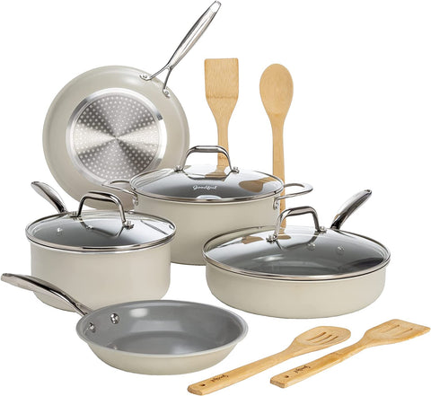 Image of Ceramic Nonstick Pots and Pans Set, Titanium-Reinforced Premium Nonstick Coating, Dishwasher Safe Pots and Pans, Tempered Glass Steam Vented Lids, Stainless Steel Handles, 12-Piece, Cream